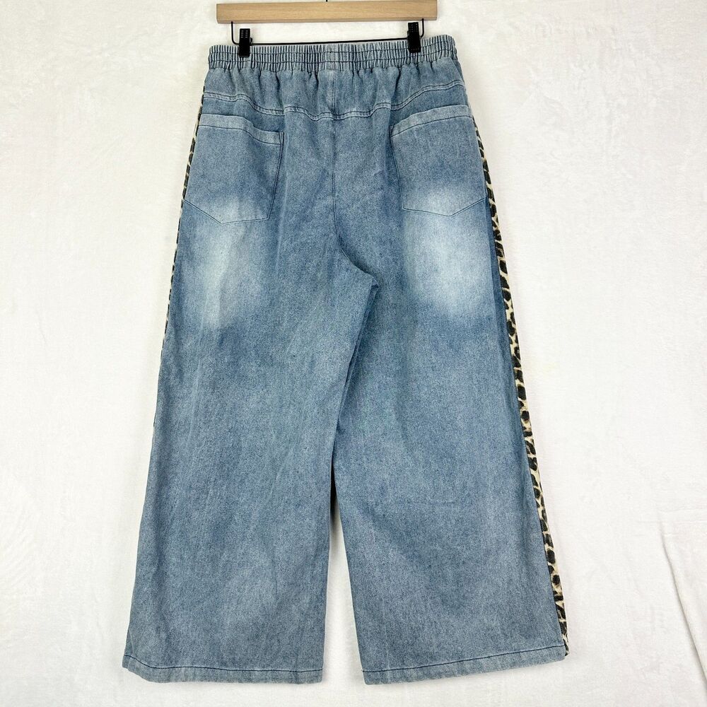 Jodifl Drawstring Wide Leg Leopard Side Denim Pants Size XL Stripe High Rise - Picture 4 of 8